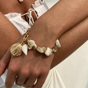 Seashell Starfish Alloy Charm Bracelet for Women, Beach Style Casual Ocean Beaded Wrist Bracelet, Summer Clam Shell Charm Bangle, Vacation Jewelry Gift for Her