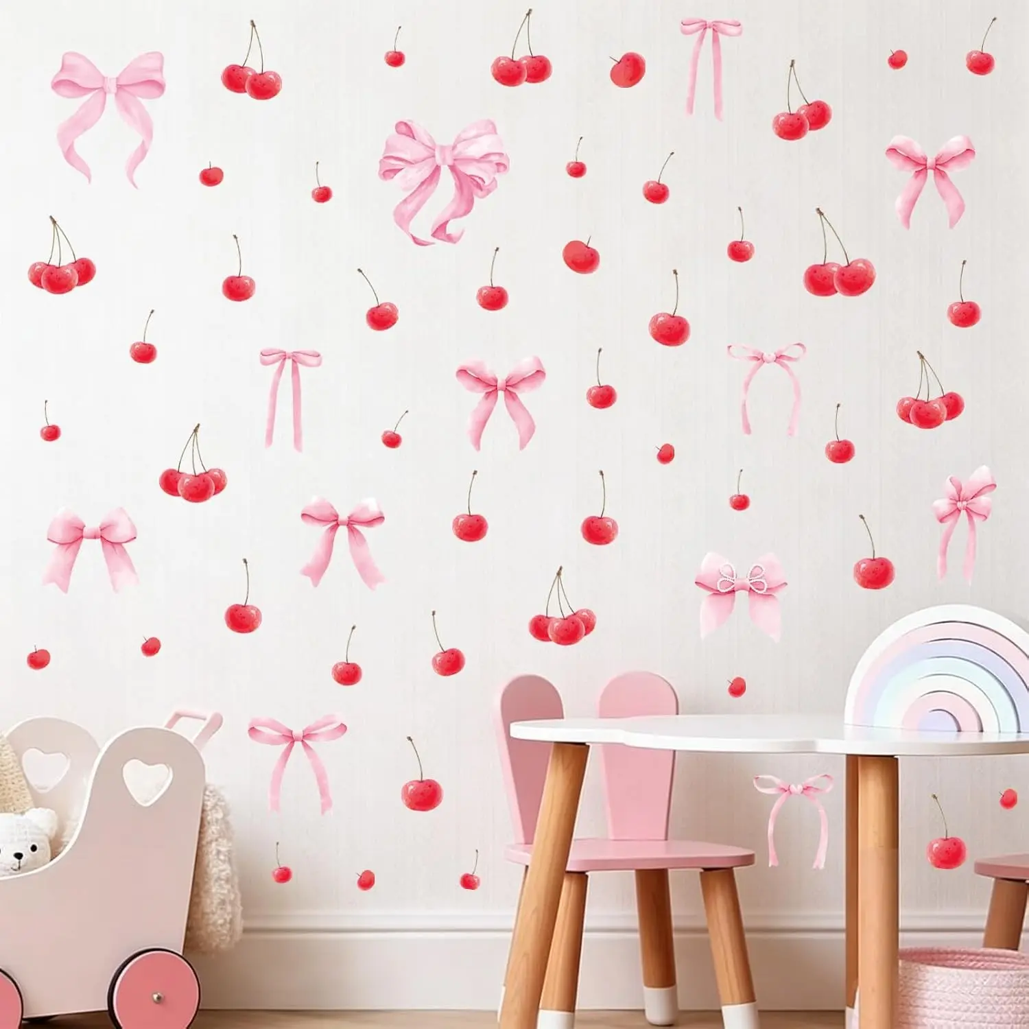 Bow and Cherry Wall Decals, 86Pcs Pink Coquette Bows Cherries Wall Stickers Peel and Stick for Girls Bedroom Nursery Kindergarten Coquette Wall Decorations 8 Sheets