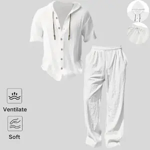 Men’s lightweight two-piece set with a hood, casual vacation style, loose and breathable thin fabric, hooded sweatshirt and wide-leg pants, for summer wear