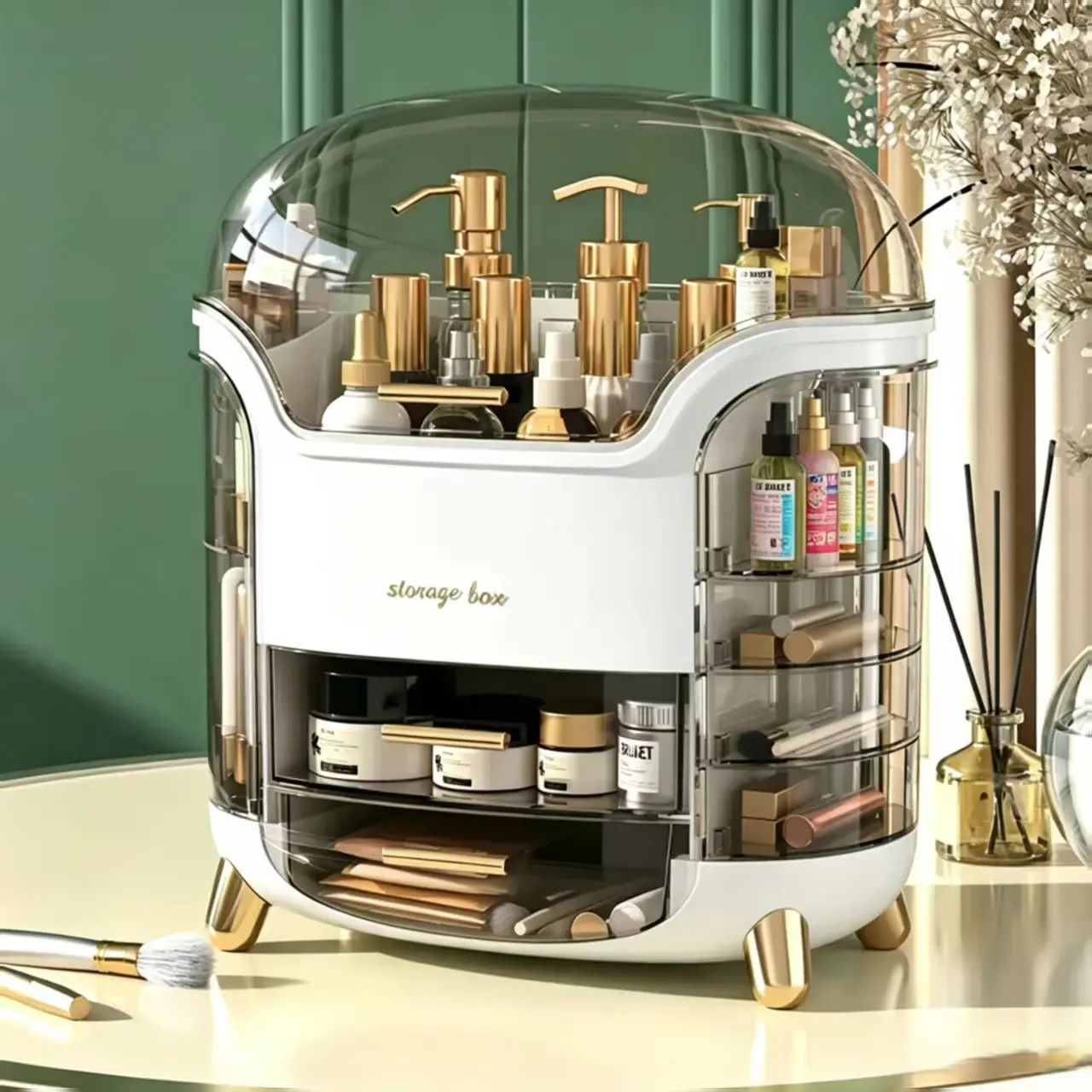 Luxury Dust-Resistant Dome Cosmetic Storage Organizer for Women, Transparent Multi-Tier Drawer Beauty Container with Decorative Gold Legs and Smooth Compartment