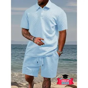 Men's Solid Shortsleeve Polo Shirt & Drawstring Waist Shorts Set, Cozy Breathable Two-piece Outfits for Daily Outdoor Wear, Men Clothes for Summer Beach, Menswear, Tropical Suits Gamis Casual Beachwear