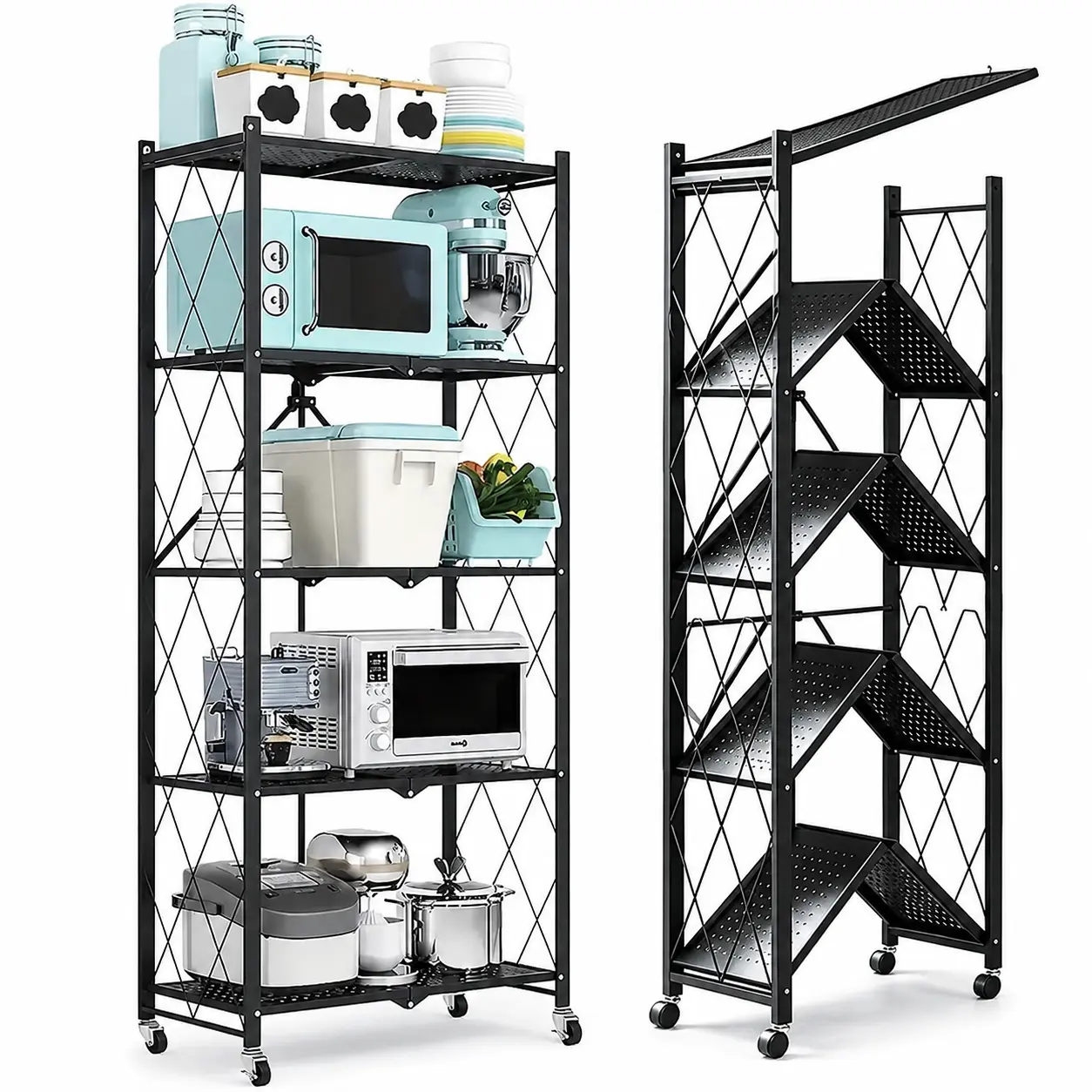 3-Tier Mobile Metal Storage Rack with Wheels - Foldable, Lightweight, Waterproof, Space-Saving, Durable, No Assembly, 360-Degree Mobility, Shelf Cart for Kitchen & Pantry, Modern Shoe Organizer, Reinforced Shelving