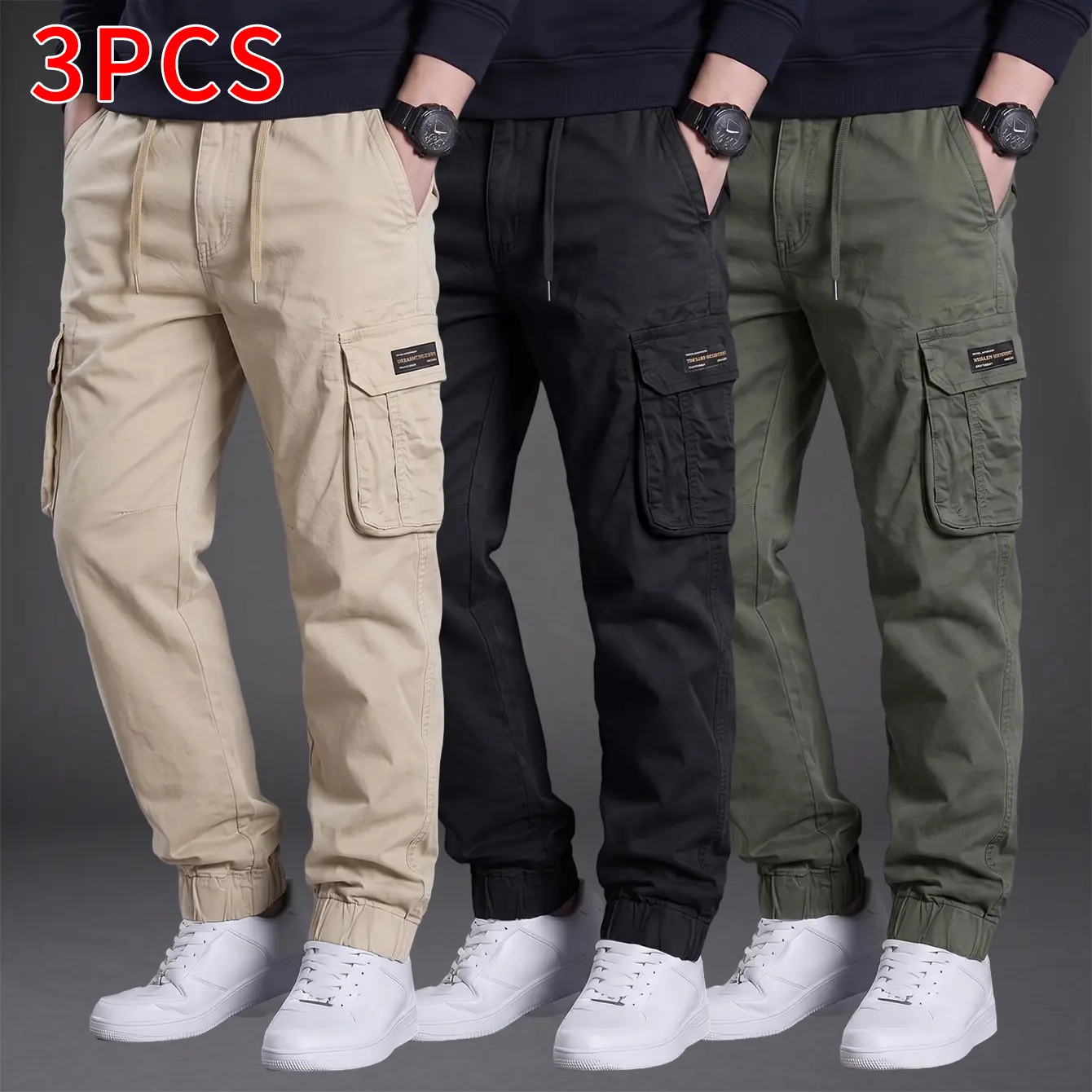 3-pack men’s cargo jogger pants with large pockets, drawstring waist, versatile for casual wear and commuting