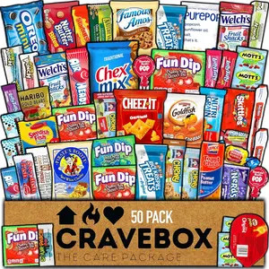 CRAVEBOX Snack Box (50 Count) Father's Day Variety Pack Gift Care Package Basket Adult Kid Guy Girl Women Men Birthday College Student Office Back to School