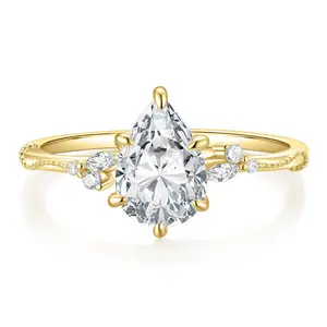 EAMTI 14K Gold Plated Engagement Rings 2CT Pear Cut Wedding Teardrop Bridal Halo Cubic Zirconia Promise Rings for Women