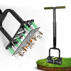RIFPOD Lawn Aerator -Aerator Lawn Tool, Automatic Dirtand Leaf Clean Design, Heavy Duty Manual Lawn AeratorTool with 15 lron Spikes, Height Adjustable, Yard GrassAerator for Lawn (Black)