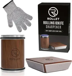 Rolling Knife Sharpener Kit Walnut Wood with Cut Resistant Gloves & 4-sided Magnetic holder, Roller Knife Sharpener for Kitchen Knives, Diamond & Ceramic Knife Sharpening Set With Multi-Angles