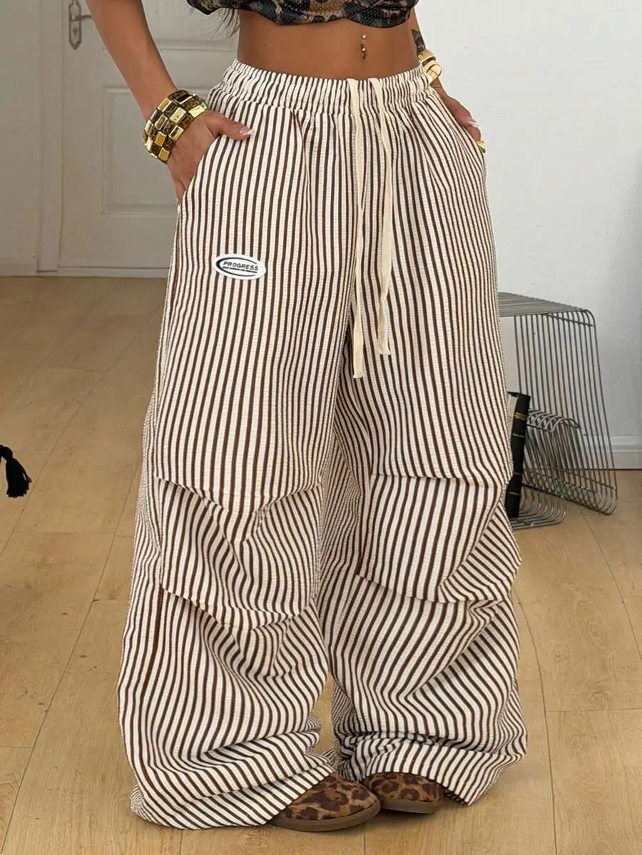 Coolane Plus Size Women's Autumn Going Out Formal Holiday Casual Streetwear Mid Rise Wide Leg Elastic Waistband Striped Pleated Pocket Pants White Fall
