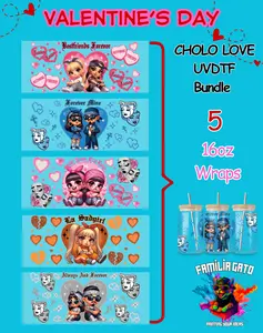 Valentine's Day High Quality Chicanos in Love UVDTF Bundle - 16 Oz Libbey Glass Can Wrap, 9.4" x 4.4", Durable, Easy to Use