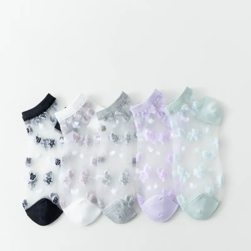 5 Pairs 3D Floral Sheer Ankle Socks for Women, Transparent Crystal Silk Thin Breathable Low Cut Casual Dress Socks