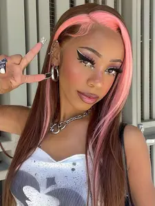 28 Inch Long Highlight Straight Glueless Wigs, Pride 2025, LGBTQ, Lace Front Wigs for Women, Pre-plucked Wigs without Bangs, for Summer Party, Daily Use, Glueless Beginner Wig