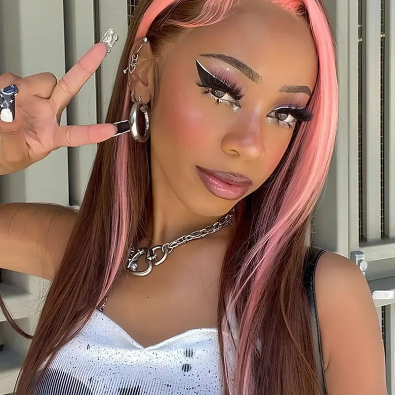 28 Inch Long Highlight Straight Glueless Wigs, Pride 2025, LGBTQ, Synthetic Hair Wigs, Synthetic Lace Front Wigs for Women, Pre-plucked Wigs without Bangs, for Summer Party, Daily Use, Glueless Beginner Friendly Wig
