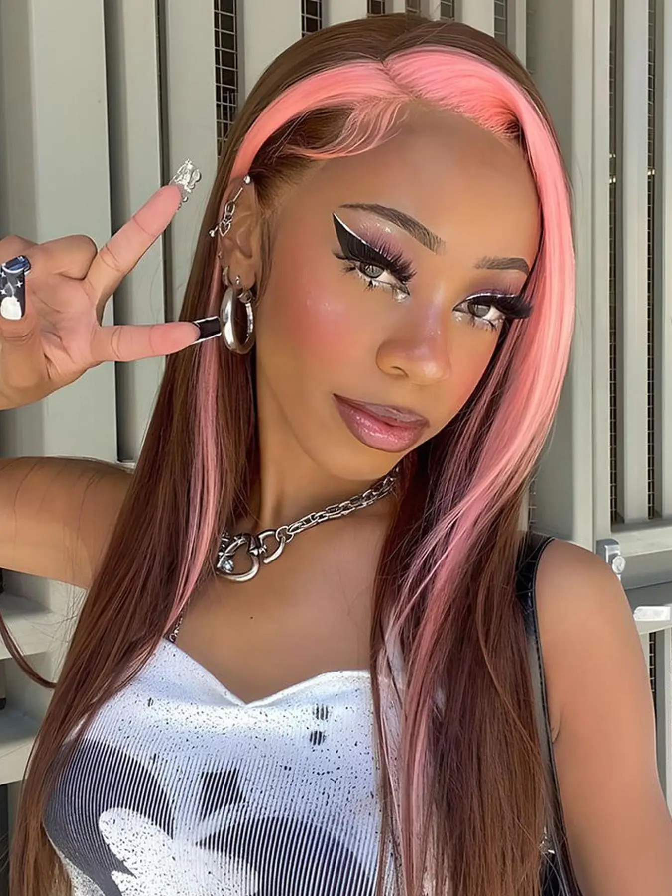 28 Inch Long Highlight Straight Glueless Wigs, Pride 2025, LGBTQ, Lace Front Wigs for Women, Pre-plucked Wigs without Bangs, for Summer Party, Daily U