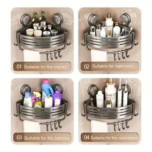 Space-Saving Bathroom Shelf with Suction Cups, No Drilling Required, Durable Triangular Design with Hooks, Perfect for Shower and Wall Storage