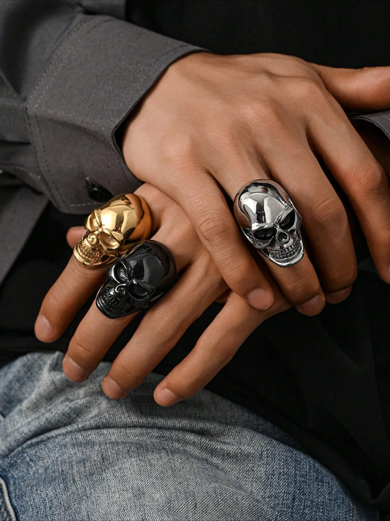 1pc Stainless Steel Plated with 18K Gold Punk Gothic Skull Pattern Fashion Ring for Men, Summer Accessories