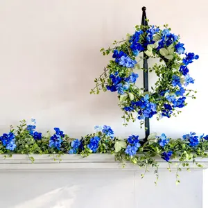 GORGEOUS Mothers Day Gift Set Wreath and Garland Bundle Blue Hydrangea Centerpiece 6.5" Candle Wreath 6' Garland Poly Silk Flowers Natural Vine Base