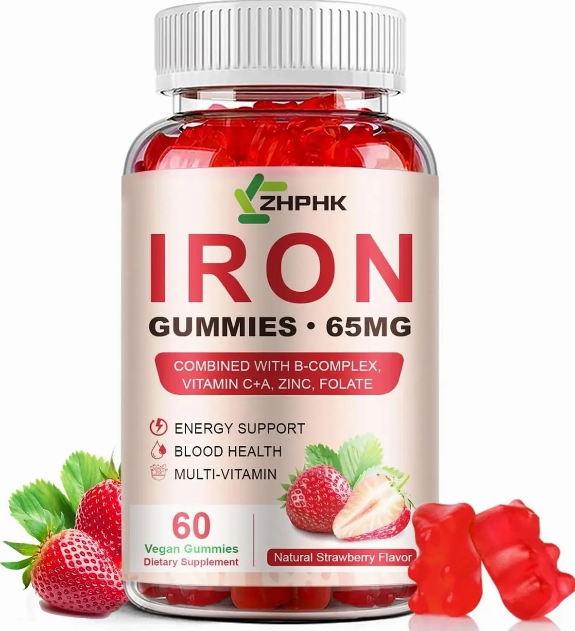 Iron Supplement Gummies, 65mg Iron and 250mg Vitamin C for Women Men Kids, Natural Vegan Iron Gummy with Vitamin A, B-Complex, Biotin, Zinc & Folate Energy Support & Immune Health, 60 Gummies