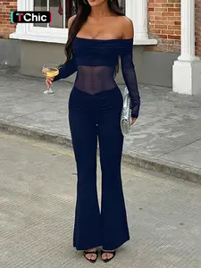 Women's Mesh Patchwork Sheer One Shoulder Long Sleeve Jumpsuit, Sexy Plain Design, Multiple Color Options, All Seasons Fashion, Street Fashion Jumpsuit