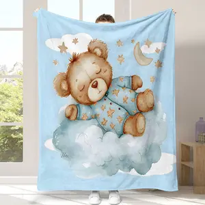 Soft Flannel Blanket with Cartoon Bear Design, Lightweight Four Seasons Throw, Foldable Teddy Bear Print, Home Decor Accessory, Cartoon Pattern Blanket