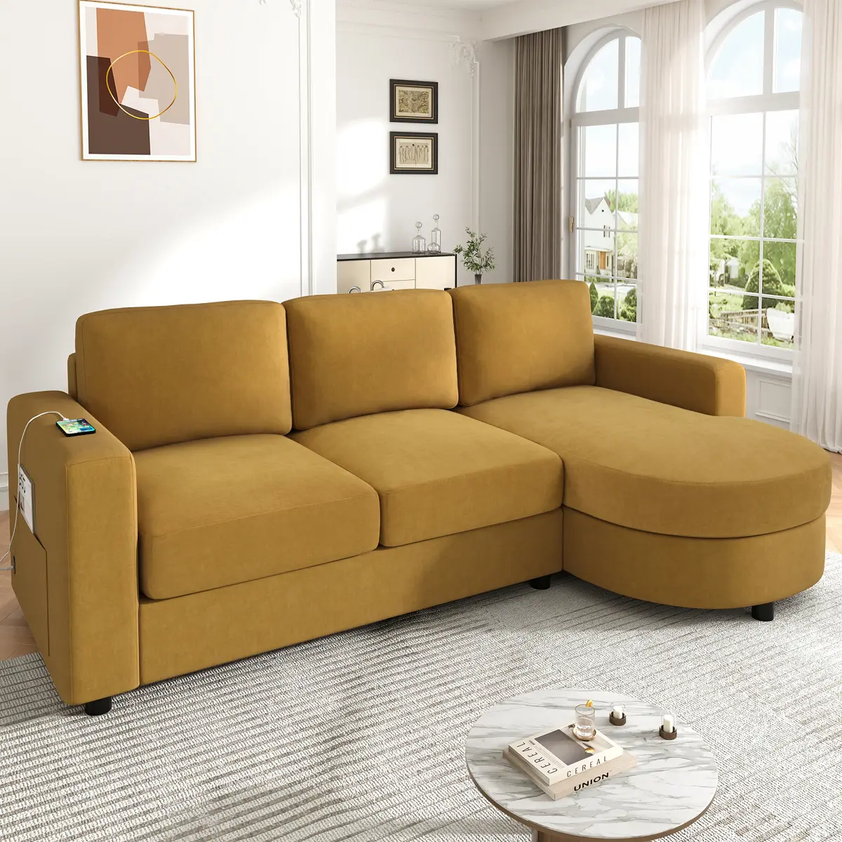 Modern L-Shaped Sectional Sofa - 84.6" Curved Chaise Lounge Couch with USB Ports, Built-in USB Charging Ports, Side Storage Pockets, Multiple Seats, 250lbs Per Seat, 138.01 lbs for Living Room, Yellow, Assembly Required, 84.6"W X 51.2"D X 32.6"H