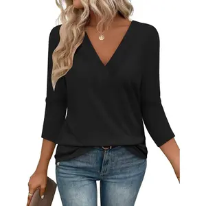 Womens Spring Summer Tops V Neck 3/4 Sleeve Outfits Loose Fit Soft Blouses Business Casual Basic Plus Size T Shirts Womenswear Tee