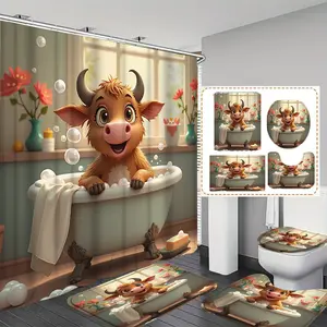 Cartoon cow pattern design, 4-piece shower curtain set, modern bathroom decoration, with carpet (bath mat, U-shaped, toilet lid) and 12 durable hooks, non slip floor mat, waterproof shower curtain, polyester fiber