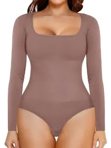 Women's Solid Square Neck Long Sleeve Shapewear Bodysuit, High Stretch Hook & Eye Closure Crotch  Tummy Control Shaper, Ladies Shapewear for All Seasons