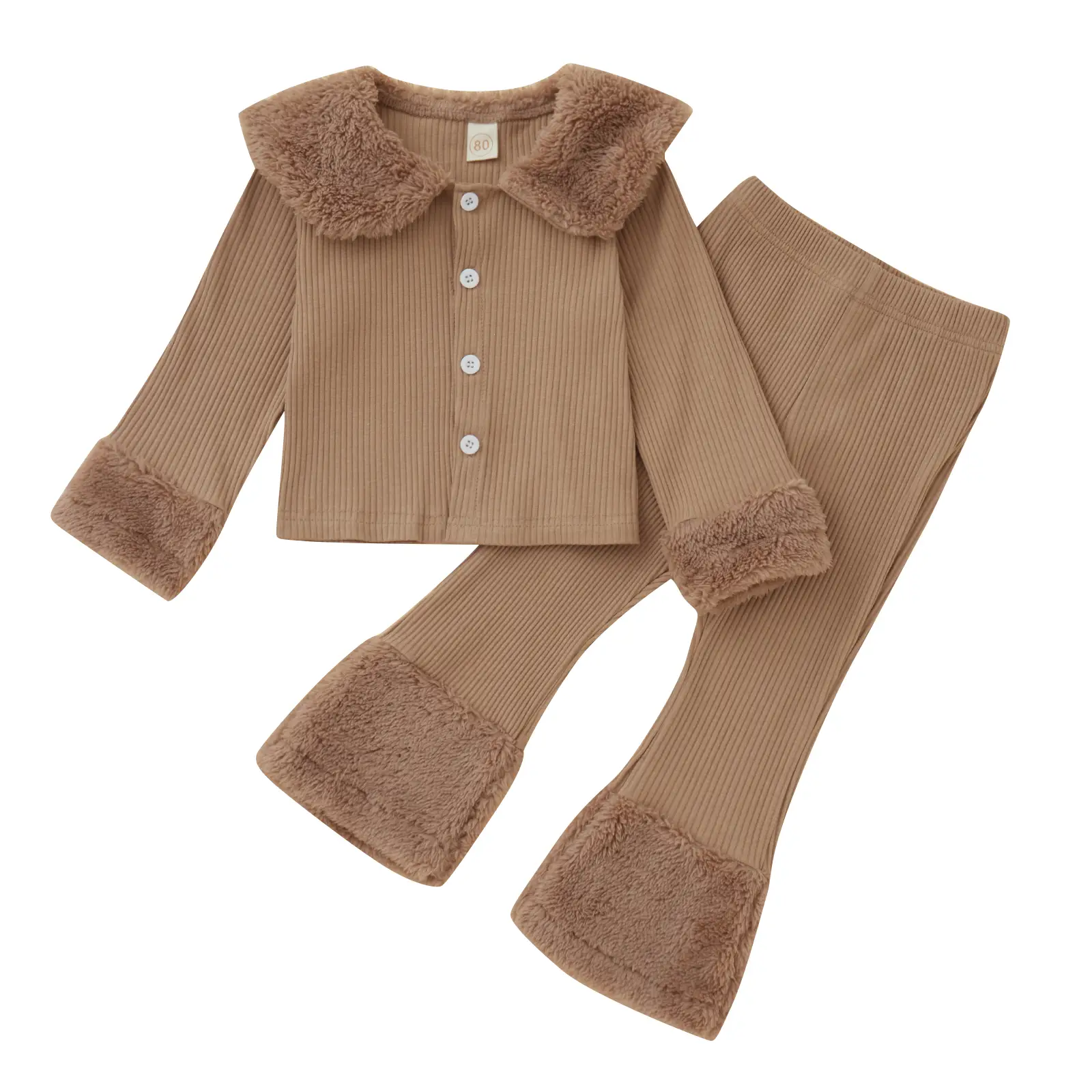 Toddler Baby Girl Ribbed Knit Sets Plush Lapel Long Sleeve Button Up Cardigan Top Flare Fur Hem Pants Suits