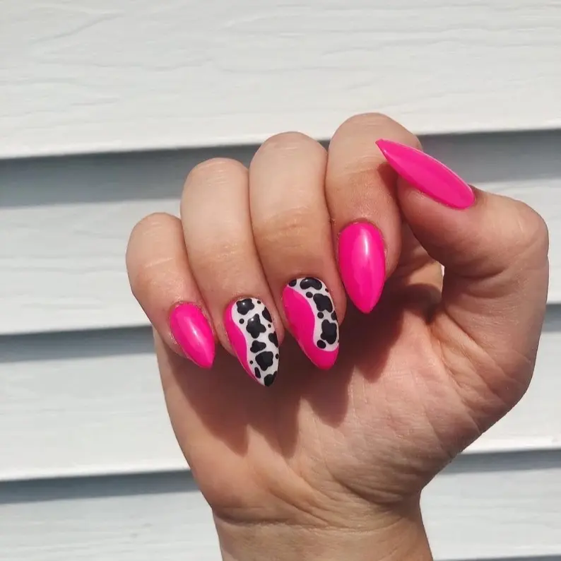 Hot Pink Cow Print Western Fake Nails - Hand-Painted with Gel Polish, Reusable & Press-On, Includes Nail Glue, Wooden Cuticle Stick & Alcohol Pad