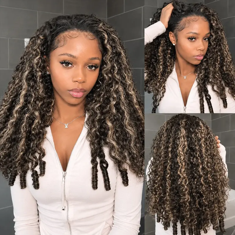 Celie Hair Highlight Burmese Curly Half Wig Glueless Human Hair Wigs with Drawstring Invisible Hairline Flip Over Wig Protective Hairstyles Seamless Blend Beginner Friendly