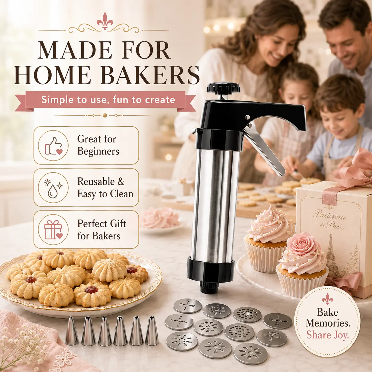 Premium Stainless Steel Cookie Press Set, 13 Pattern Discs & 8 Decorating Tips, Manual Cookie Maker for Spritz Cookies & Desserts