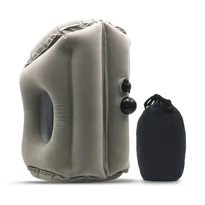 Portable inflatable travel pillow — comfortable neck support for air travel, trains, cars, and offices; an easy-to-use air cushion that makes it easier to nap; soft ultra‑fine microfiber cover; gray
