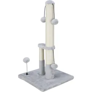Tall Cat Scratching Post, Double Lower Posts Extra Stable Cat Post Tree Scratcher with Sisal Rope and Teasing 4 Balls Total Large Base (Grey)