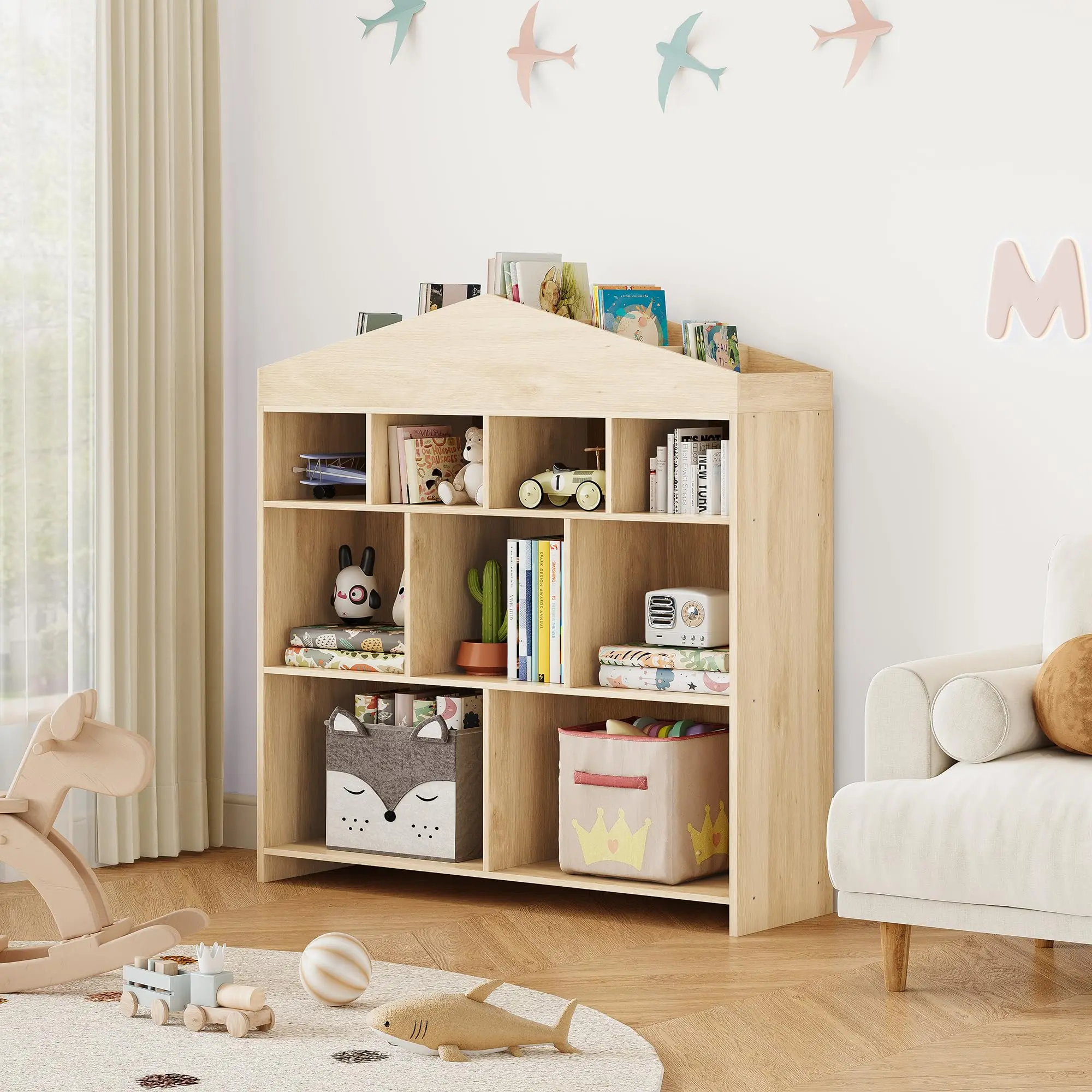 【GARVEE】9-compartment children's shelf, large shelf toy shelf, children's bookshelf, house-shaped, Montessori shelf for books and your favorite toys, for bedroom, children's room, 104 x 100 x 30 cm, wood color