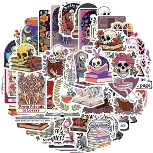 Skull Reading Book Pattern Sticker, 50pcs/set Skull Sticker, Decorative Sticker for Water Bottle, Bicycle, Laptop, Refrigerator, Luggage, Computer, Mobile Phone, Skateboard, Bike, Ornaments