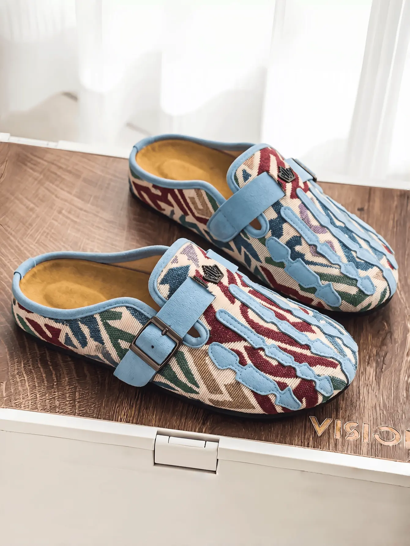 Women's Bohemian Woven Fabric Mules - Festival Wear Women's Shoes, Tribal Floral Print Round Toe Clogs with Adjustable Buckle Strap, Cushioned Support, Rubber Sole