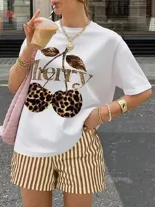 Summer New Arrival Women's Casual Cherry Print T-Shirt and Striped Shorts Set, Loose-Fitting Above the Knee, All over Print Style