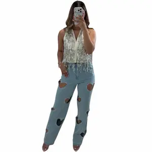 Heart Details Open Pants - Stylish Denim with Unique Heart Cutouts for Trendy Outfits