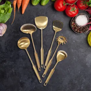 CNCEST 7-Piece 304 Stainless Steel Complete Kitchen Utensil Set - Gold Cookware Tools with Ladle, Spoon, Spatula, Ergonomic Handles, Stainless Steel Rack for Pan, Wok