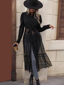 women's polka dot print contrast mesh sheer puff sleeve tie front a line dress, homecoming dresses, elegant button front long sleeve collared midi dress for spring & fall, women's clothing for daily wear