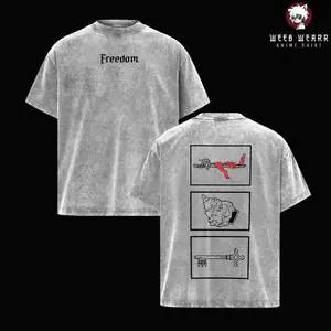 Eren Yeager, Mikasa, Armin Attack on Titan Freedom Vintage Washed Oversized Tee, Three-Panel Sword & Key Graphic Heavy Cotton Anime Streetwear T-Shirt, Unisex Retro Manga Top for AOT Fans B0L