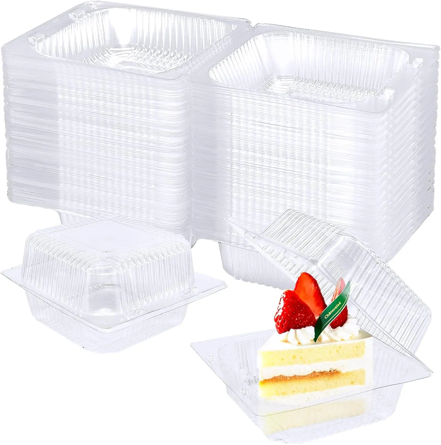 100 Pack Clear Plastic Square Hinged Food Clamshell Container,Disposable To Go Cake Slice Container,Clear Plastic Food Containers for Cookies,Desserts,Fruits,Salads,Sandwiches