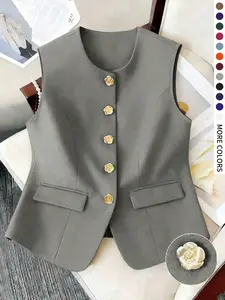 Women's Plus Size Fitted Casual Button Vest Top, Sleeveless Fashion Design, Suitable for Outdoors, Parties, Daily Commute, Spring & Fall