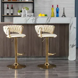 Luxury bar Stool,Modern Round Adjustable Reception Chair, Gold Velvet Bar Chair, Kitchen high Dining Chair , Height Adjustable and 360° Swivel. Suitable for bar, Home, offce, Cafe (Ivory set of 2)