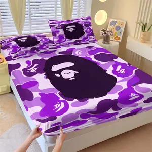 Purple Camo Gorilla Head Fitted Sheet Set and 2 Pillowcases No Core, ABC CAMO & Iconic Ape Head Logo, Soft Anti-Slip Wrinkle-Resistant Bedding, Dreamy Trendy Bedroom Decor, Gift for Fans, Teens
