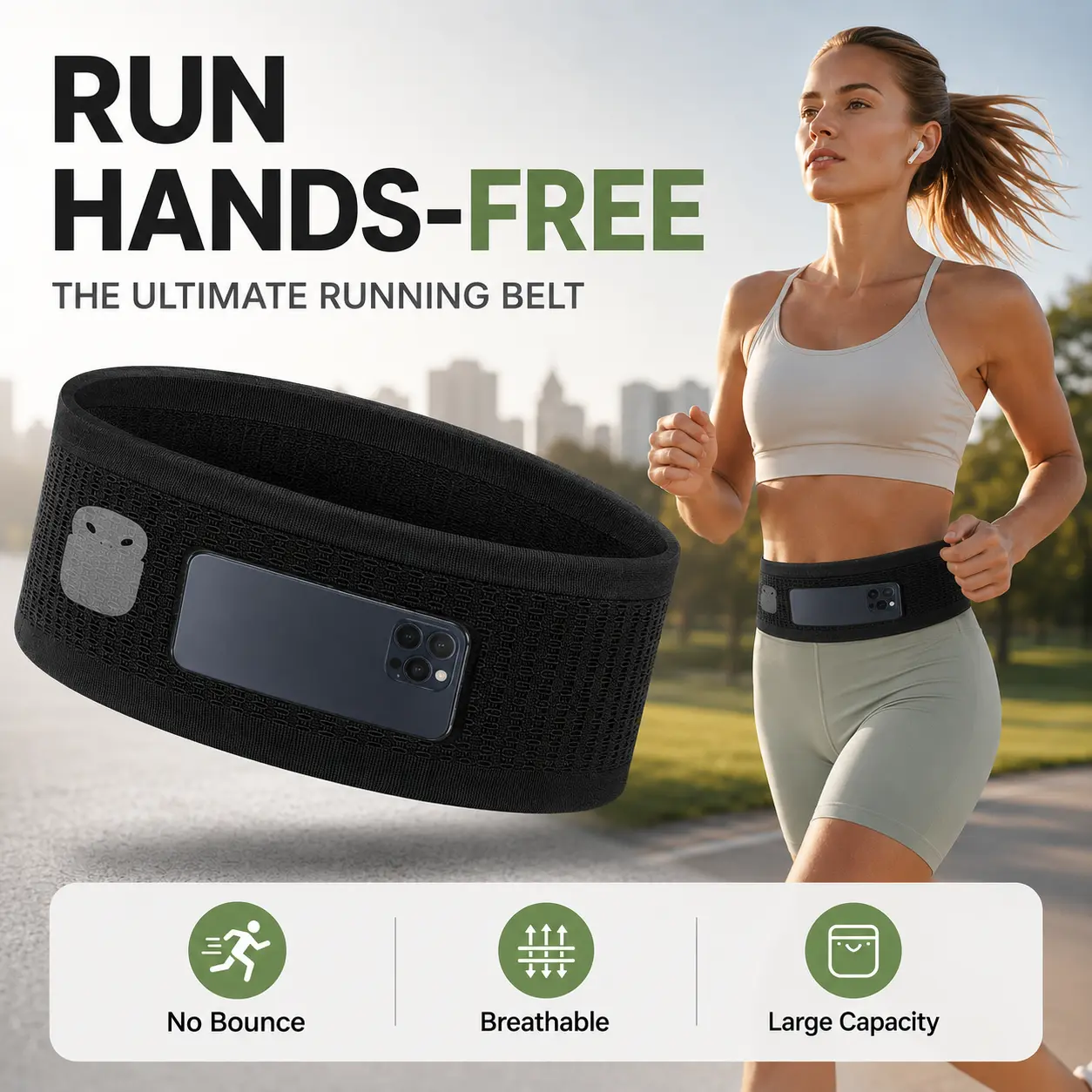 Running Belt for Men & Women, No Bounce Waist Pack, 360° Stretch Storage Belt, Fits Large Phones, Breathable Running Waist Belt