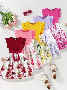 Toddler Girl's Floral Print Ruffle Trim Sweater Dress, Cute Sleeveless Knit Dress for Summer, Kids Clothes for Daily Wear