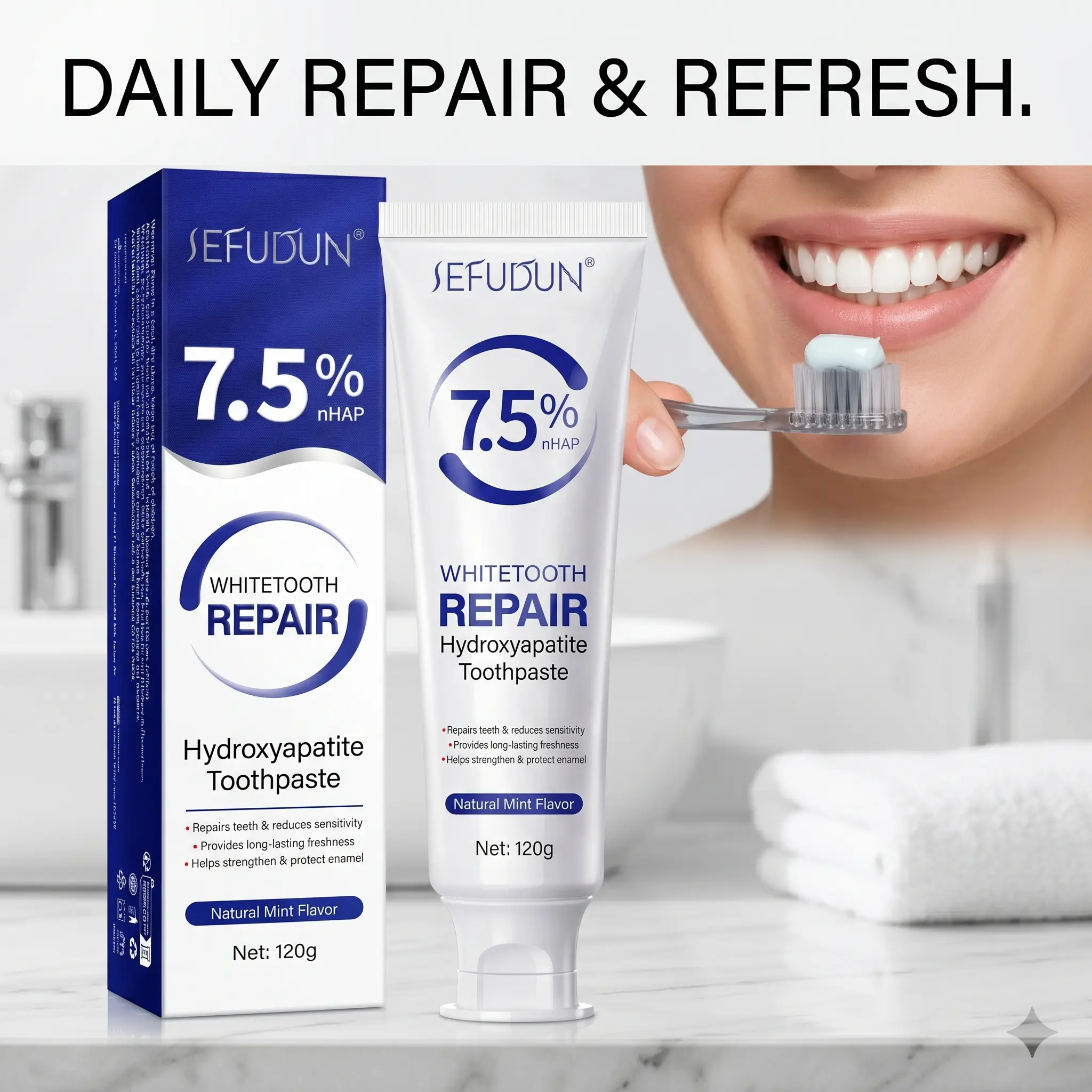 SEFUDUN Gentle Mint Hydroxyapatite Toothpaste - 120g Tube Format Single Item Natural Toothpaste, Repairs Enamel, Prevents Bad Breath, Supports Oral Health Smile Care Daily Routine, Daily Care, Natural Toothpastes