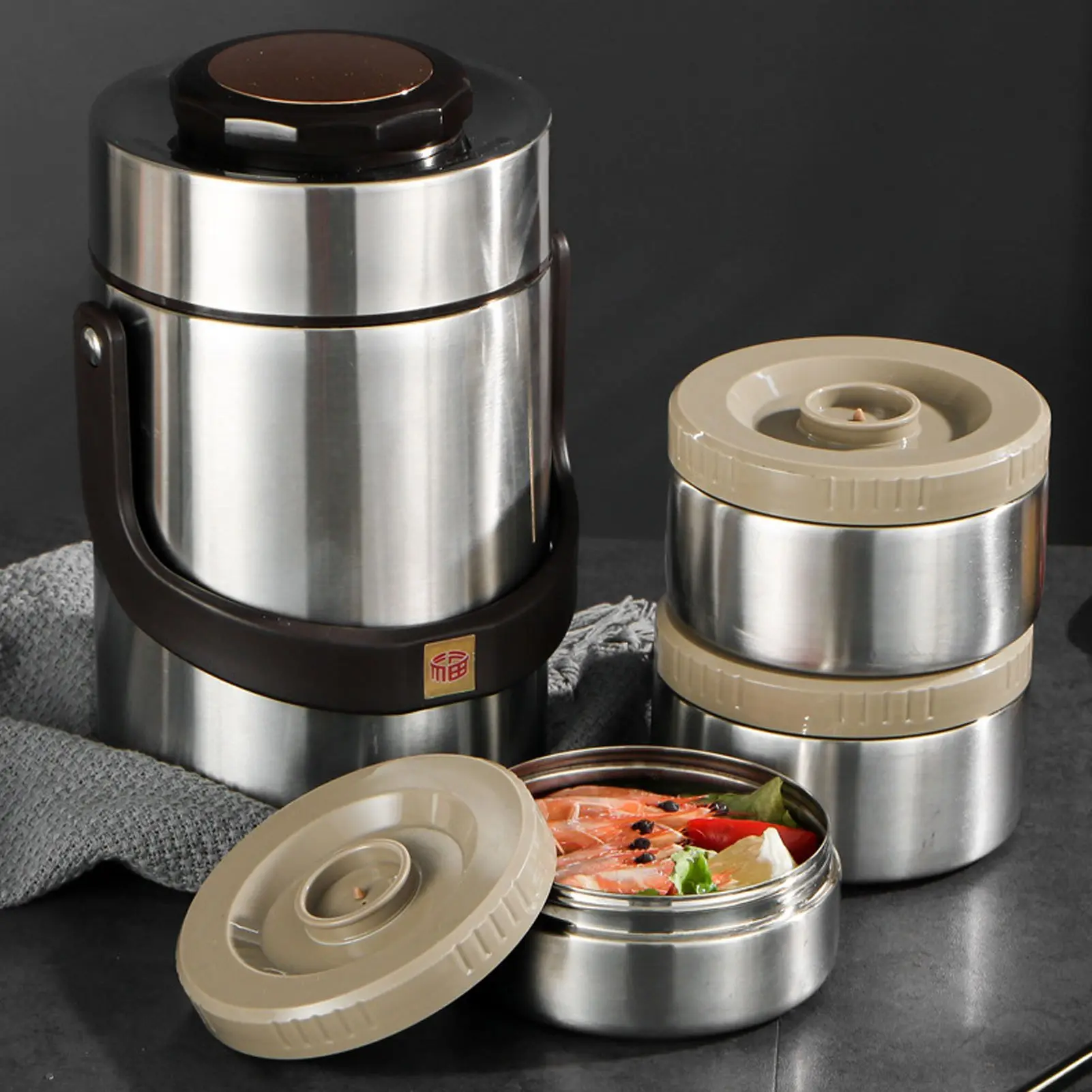 Stainless Steel Lunch Box Set, 1 Set Including 3 Counts Container & 1 Count Barrel, Portable Leakproof Lunch Box Food Storage Container with Lid for Home Office School, Stainless Steel Bento