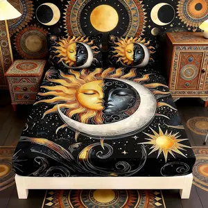 3pcs Boho Vintage Sun Moon Print Bedding Set, 1 Sheet + 2 Pillowcases, Base, Suitable for All Seasons, Home Bedroom Use